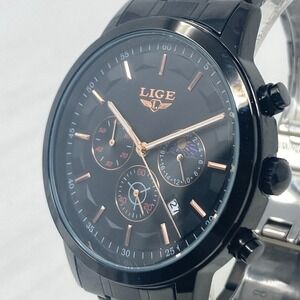 Lige Chronograph Watch Men 46mm Sun Moon Black Date New Battery 8.25"